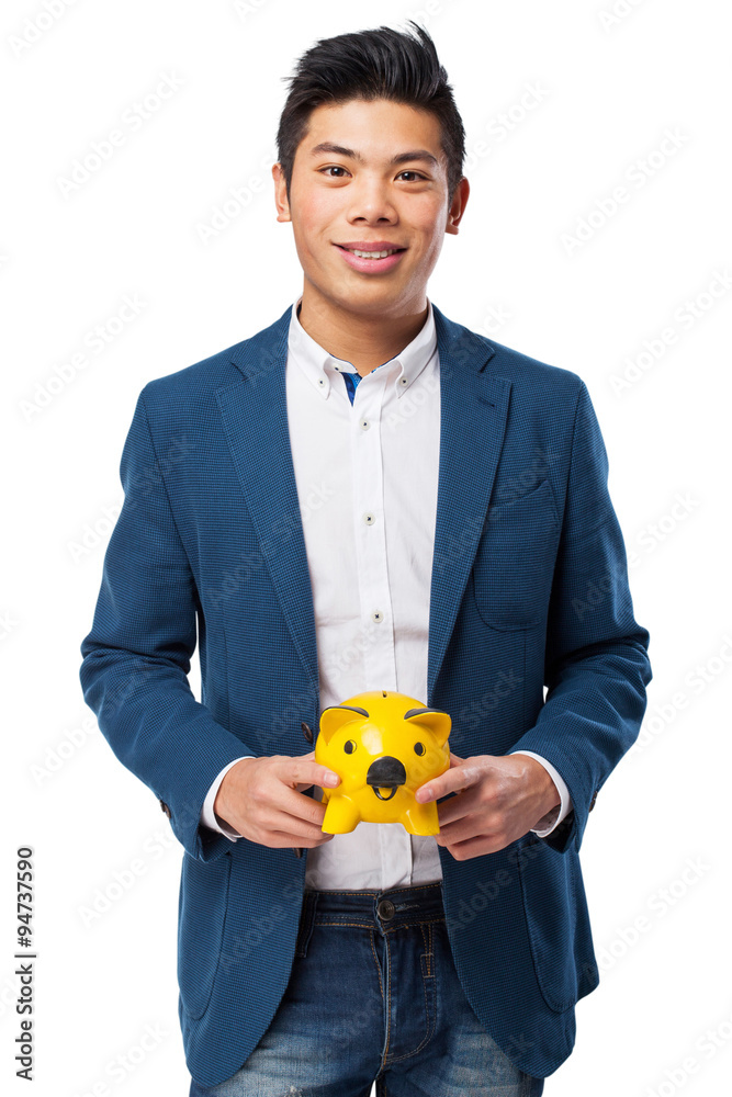 chinese man holding piggy bank chinese man holding piggy bank