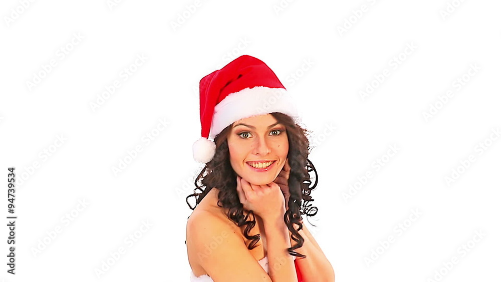 Woman in Santa hat holding shopping bag. Isolated. Woman in Santa hat holding shopping bag. Isolated.