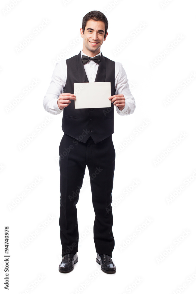 waiter holding a banner