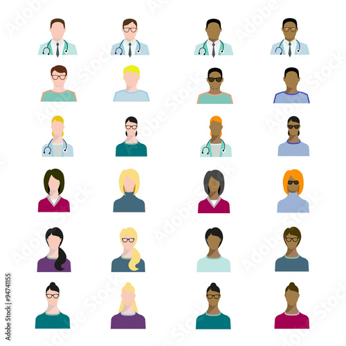 Set of people avatars profession, professional human occupation, basic characters set, employee variety in flat style. Doctors, teachers, engineers in different races.