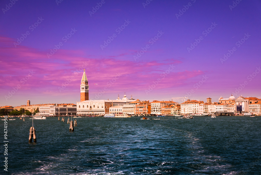 Panorama of Venice view at sunset from the sea.