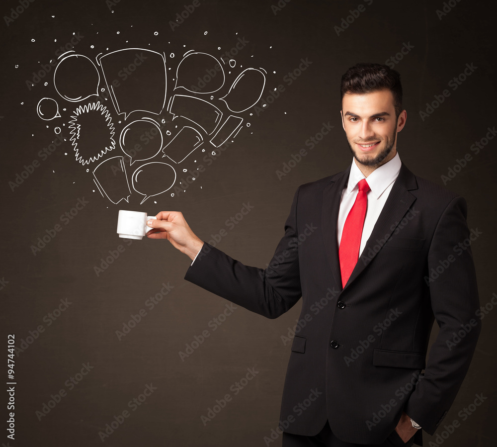 Businessman holding a white cup with speech bubbles Businessman holding a white cup with speech bubbles