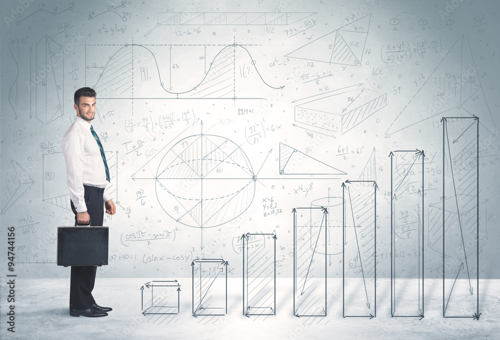 Business man climbing up on hand drawn graphs concept Business man climbing up on hand drawn graphs concept