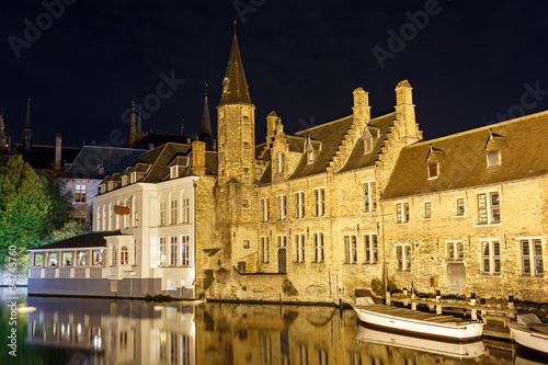 Night view of the canal in the medieval city Bruges. Belgium.
