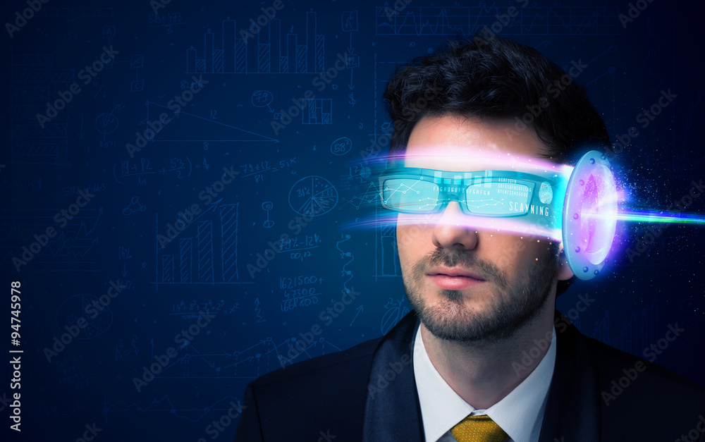 Man from future with high tech smartphone glasses Man from future with high tech smartphone glasses