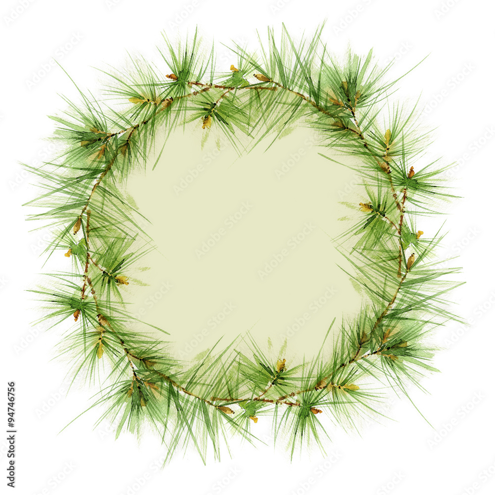 Watercolor round frame of pine branches.