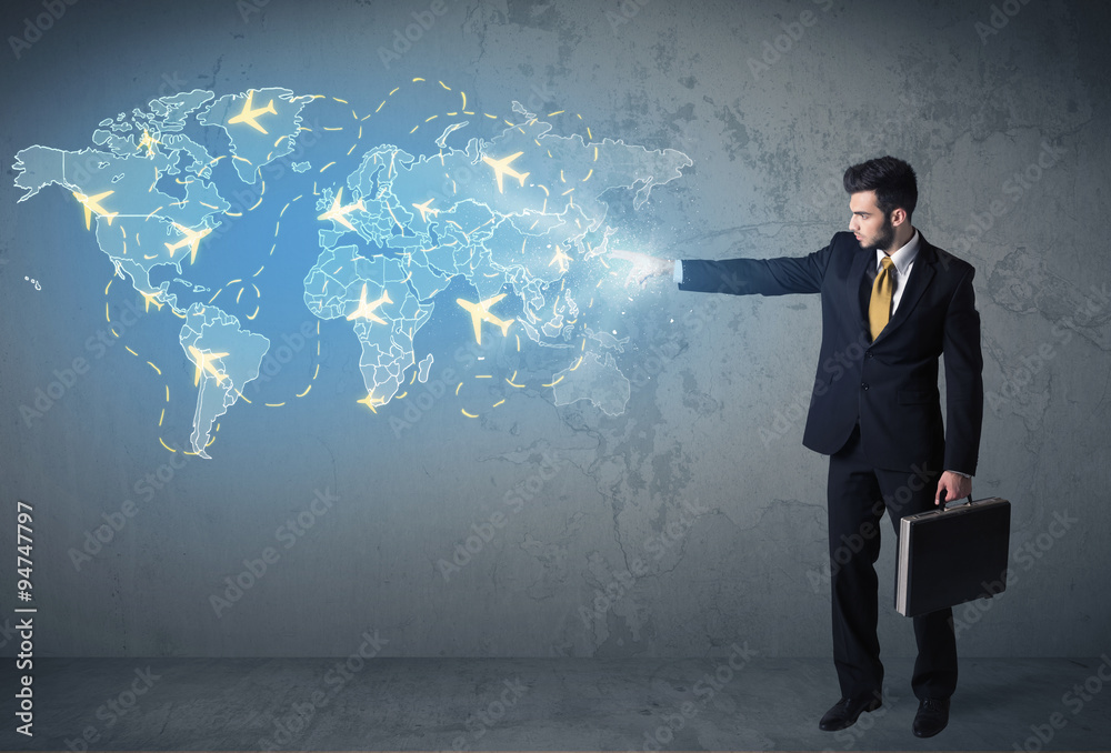 Business person showing digital map with planes around the world Business person showing digital map with planes around the world