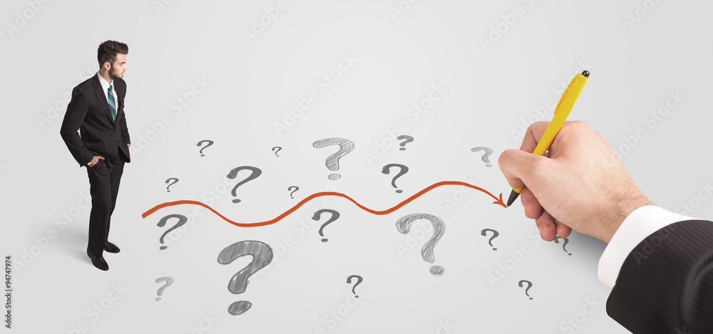 Business man looking at question marks and solution path Business man looking at question marks and solution path