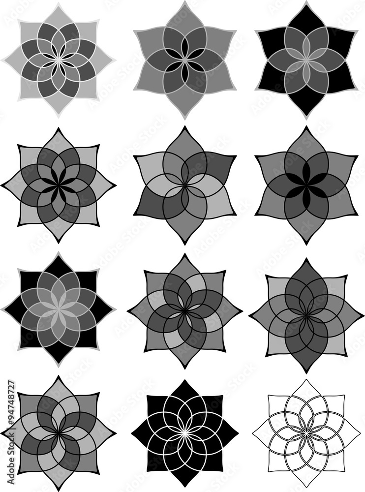 Vector set of ornamental floral characters in style. Stock Vector