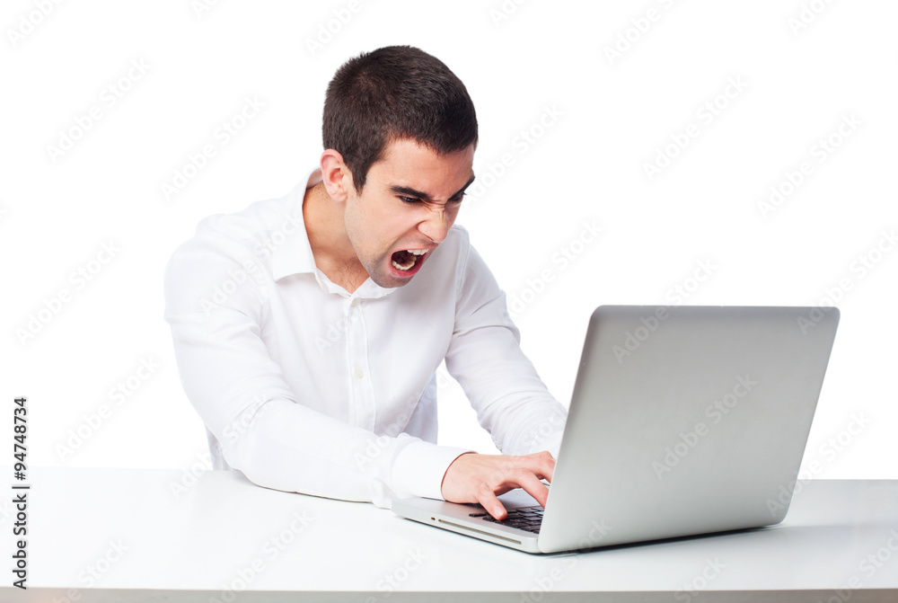 man worried with laptop