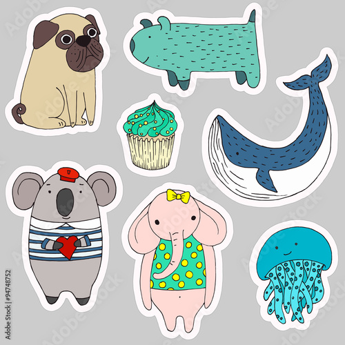 Cute children stickers set with animals, pug, dog, whale, koala, elephant, jellyfish and cupcake. Hand drawn style illustration