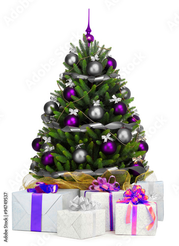 Decorated Christmas tree on white background