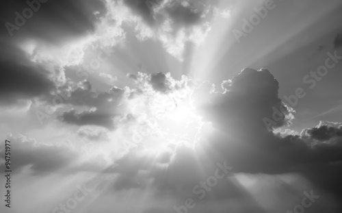 Fototapeta Naklejka Na Ścianę i Meble -  black and white dramatic landscape with cloudy sky at sunset