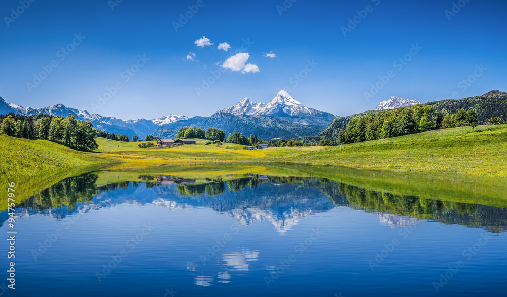 Idyllic summer landscape with mountain lake and Alps