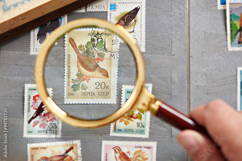 Postage stamp with birds under magnifier on album