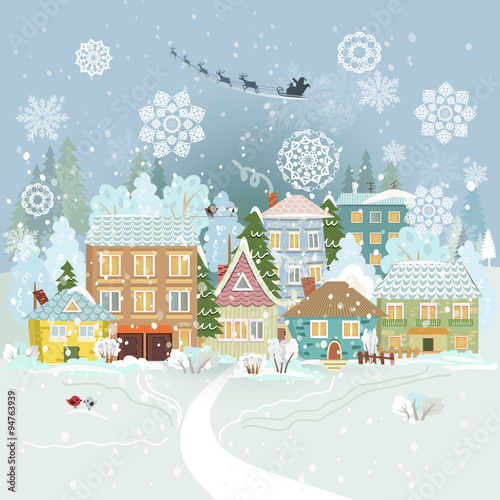 Cute winter cityscape. Merry Christmas.