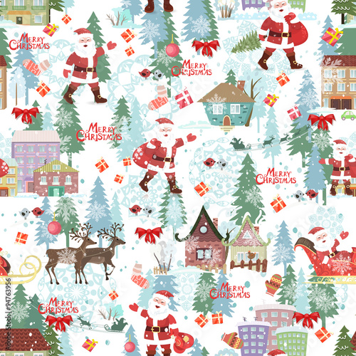 Cute seamless texture with Merry christmas lettering and winter © Aloksa