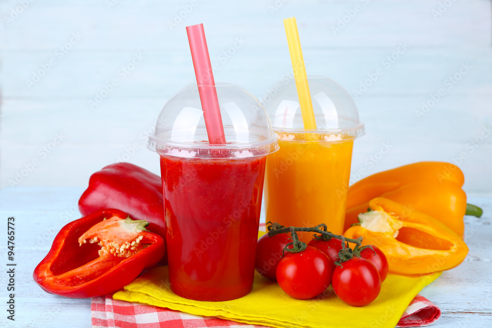 Fresh juice mix fruit and vegetables, healthy drinks on wooden table background Fresh juice mix fruit and vegetables, healthy drinks on wooden table background
