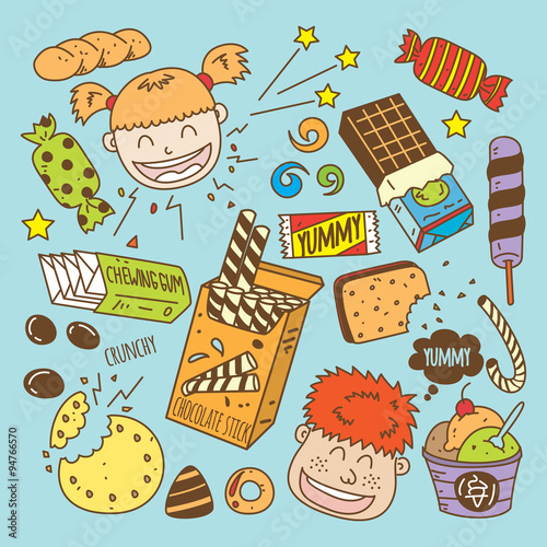 sweet and snack with happy kids doodle