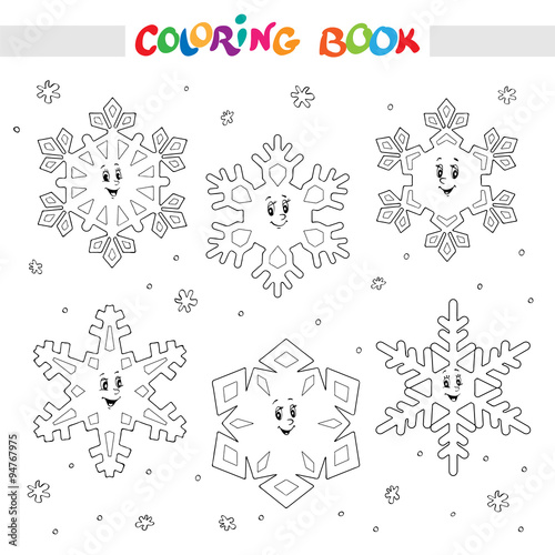 Coloring book. Set of cartoon snowflakes for kids.