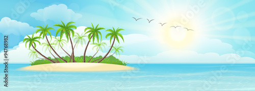 Summer tropical island with palms  sand  sky and sun
