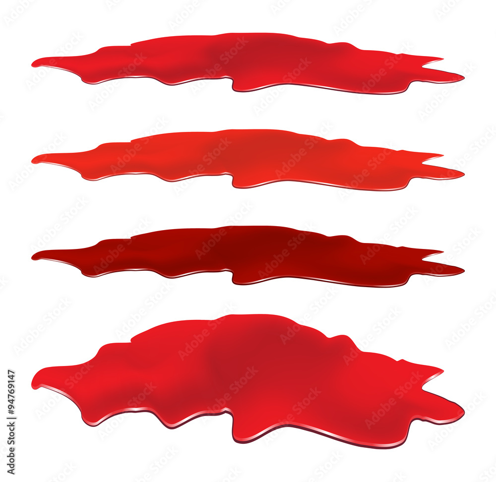 Blood puddle set, red drop, blots, stain, plash od blood. Vector illustration isolated on white background.