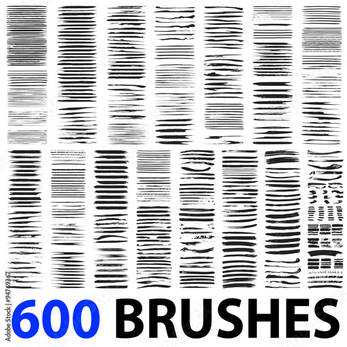 Very large collection or set of 600 artistic black paint brush strokes photo