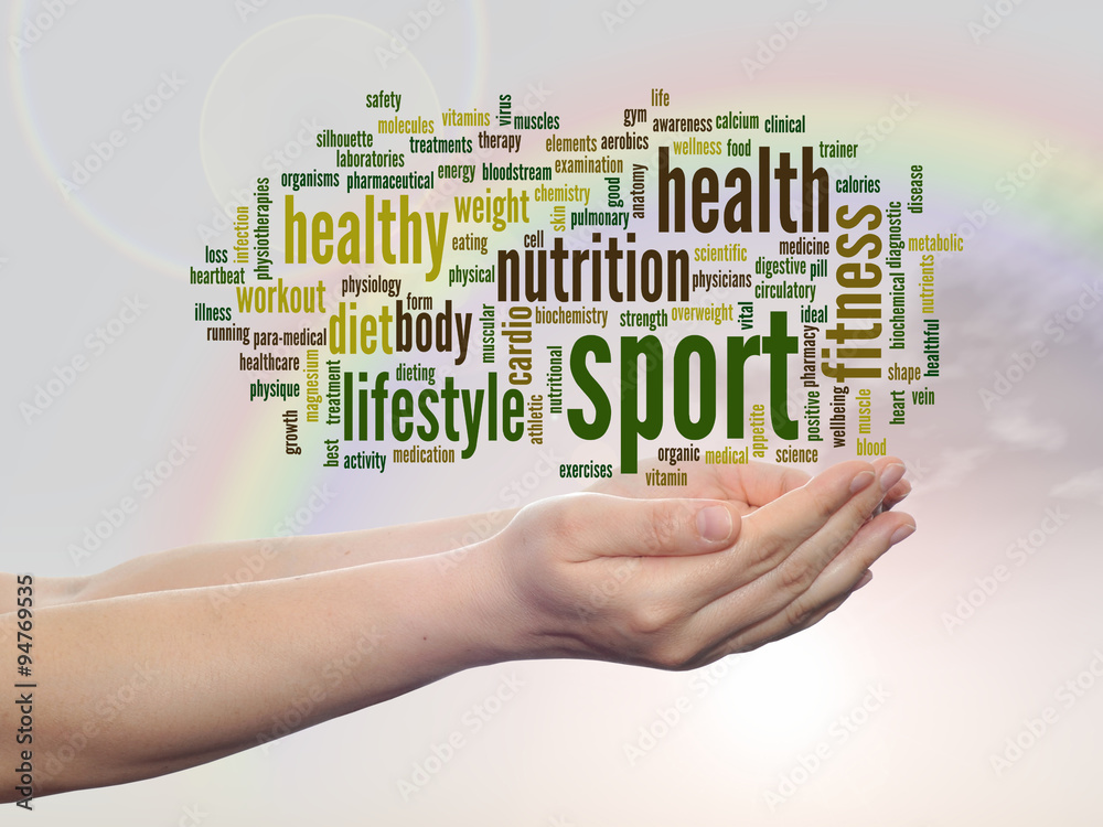 Conceptual health word cloud over rainbow Conceptual health word cloud over rainbow