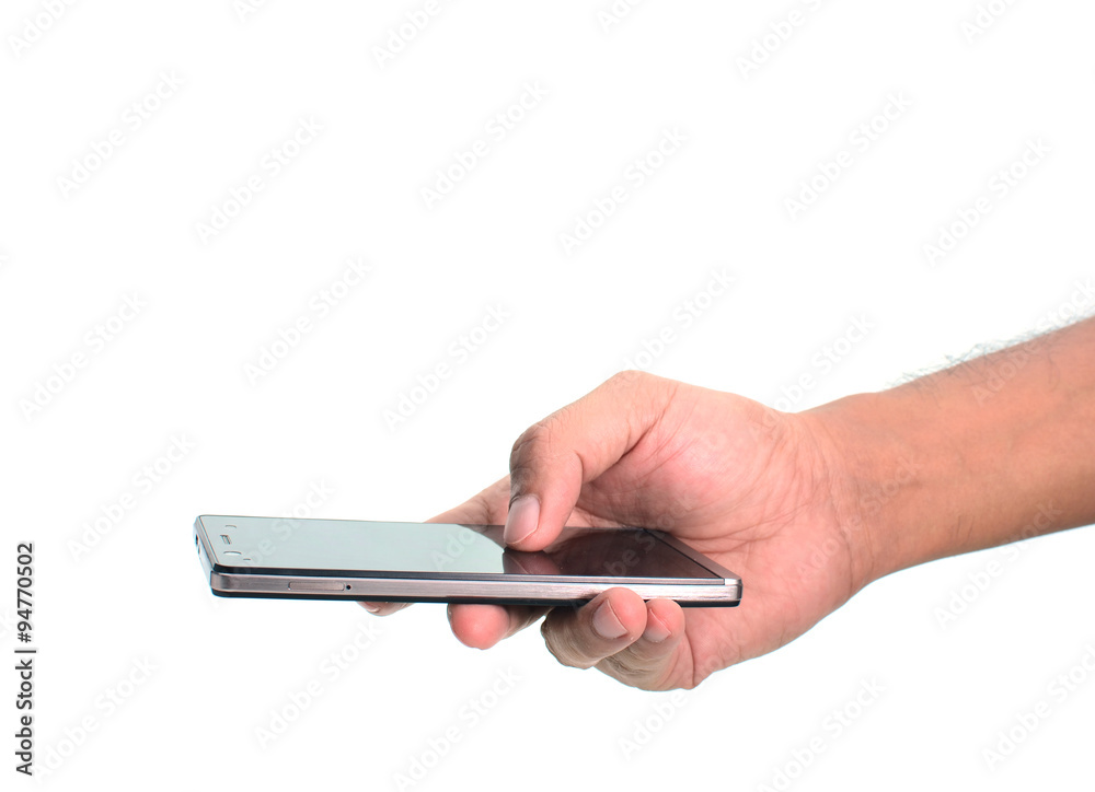 Hand holding smart phone isolated on white background Hand holding smart phone isolated on white background