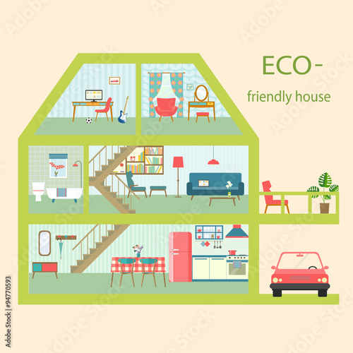 flat ECO-friendly house section with interior living room, functional attic, balcony and garage. vector illustration
