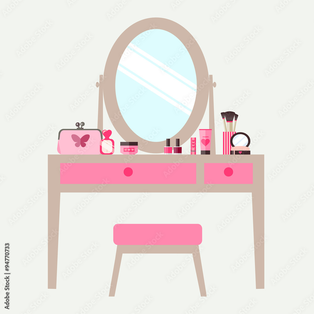 flat dressing table with cosmetics. vector illustration flat dressing table with cosmetics. vector illustration