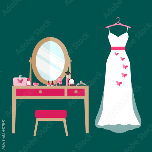 flat dressing table with cosmetics and wedding dress. vector illustration