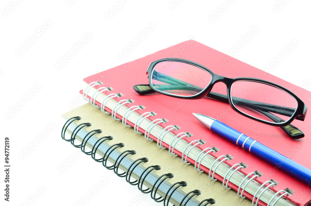 Blank diary, pen, and glasses on white background Blank diary, pen, and glasses on white background