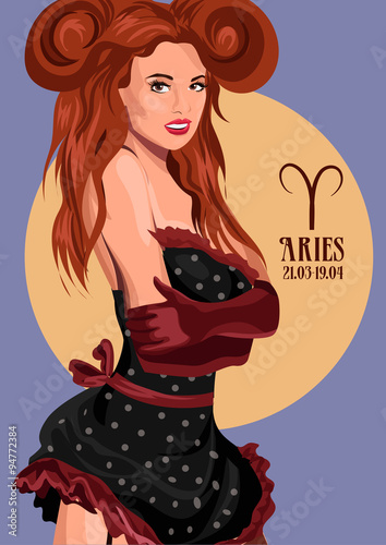 Zodiac: Aries astrological sign. Vector illustration with portrait of a pin up girl