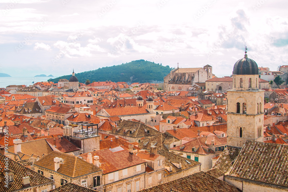      Church tower and red roofs in old town Dubrovnik, Croatia, UNESCO site, panoramic view 