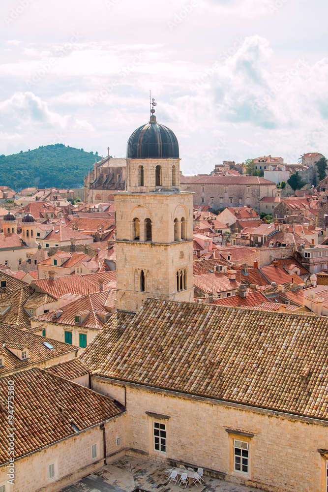 Church tower and red roofs in old town Dubrovnik, Croatia, UNESCO site, panoramic view 