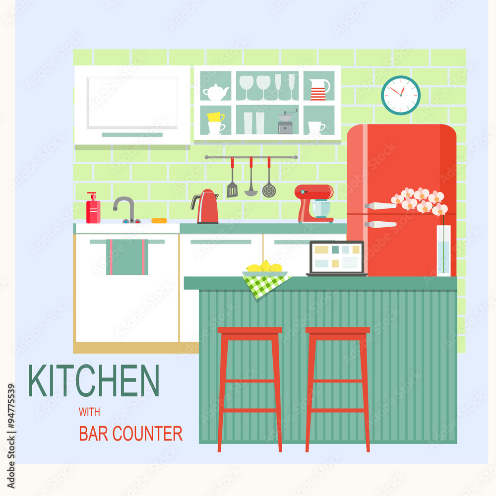 flat kitchen interior with bar counter. vector illustration Stock
