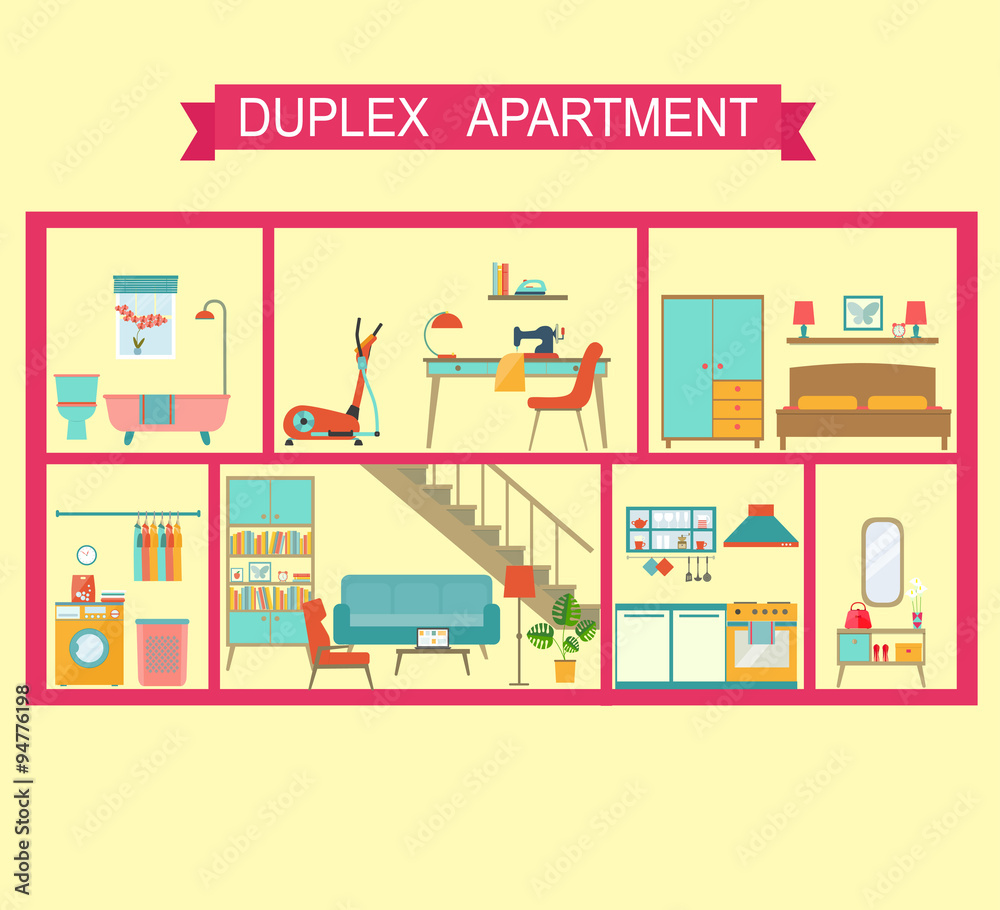 Flat duplex apartment in cut. Vector illustration