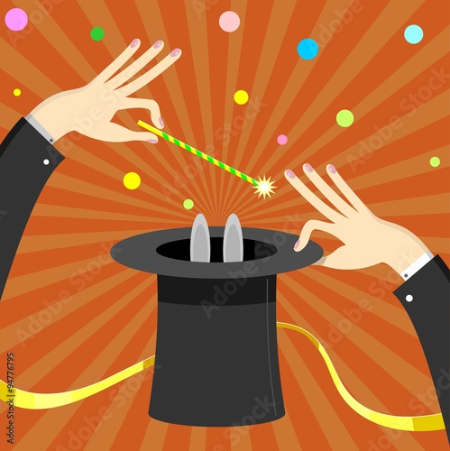 Magic cylinder magician. Magician circus magic wand turns the rabbit in the cylinder. 
