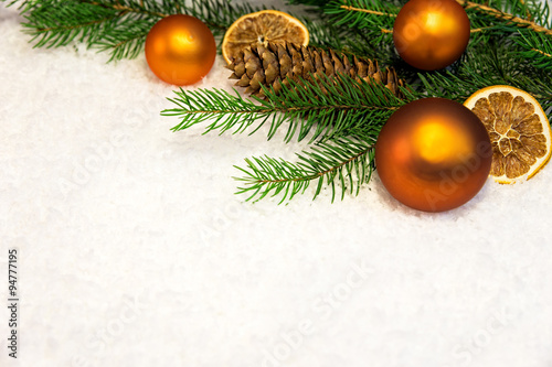 christmas background with snow and balls