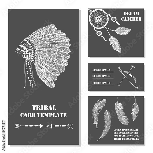Set of tribal, ethnic, indian business card with feathers, bow, headdress. Vector background tepmlate. Card or invitation. Vintage decorative hand drawn elements.