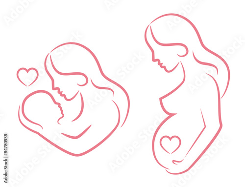 silhouette of a pregnant woman and a silhouette of a woman holding a baby painted pink lines