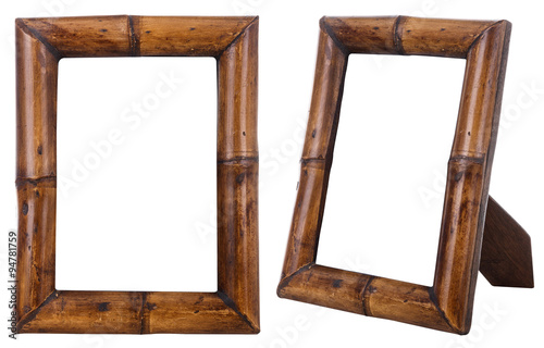Bamboo wood photo frame isolated on white background with clippi photo
