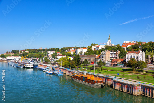 Belgrade from river Sava with tourist riverboats on a sunny day