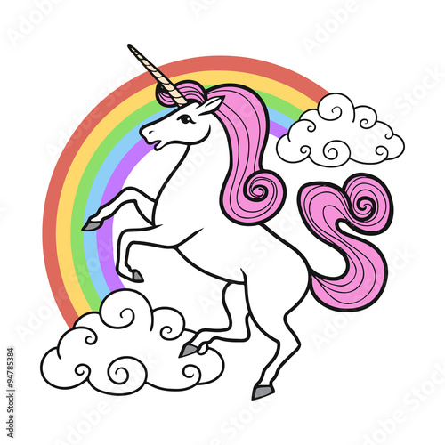 Cartoon unicorn with rainbow and clouds.