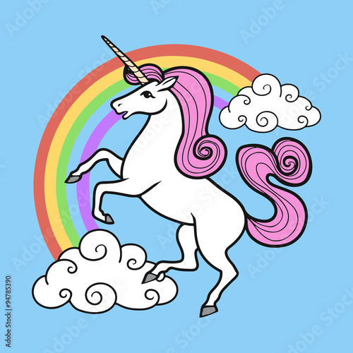 Cartoon unicorn with rainbow and clouds.