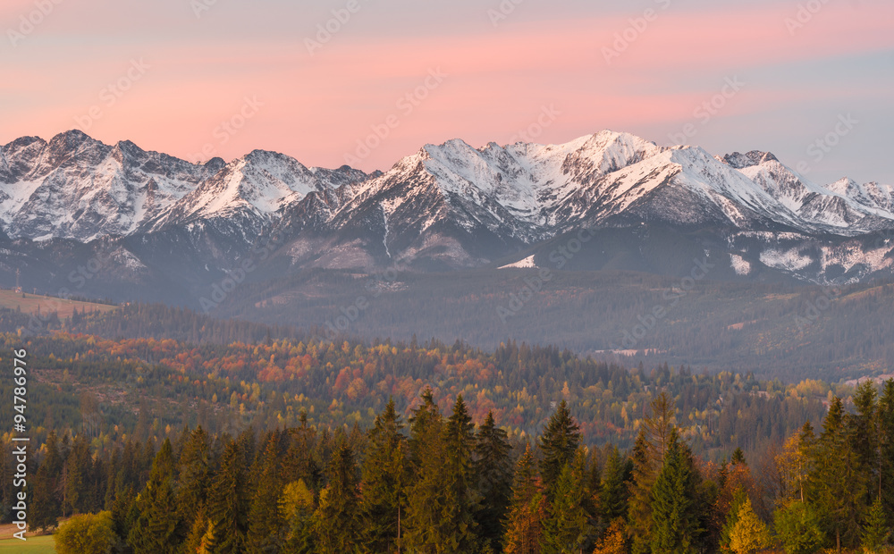 Morning panorama of Tatra Mountains in autumn, Poland