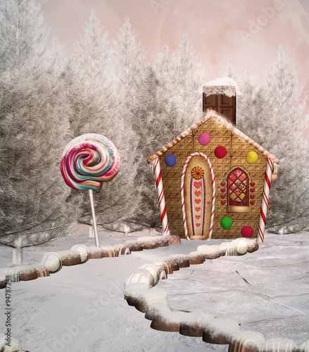 Εκτύπωση καμβά Gingerbread house in a winter scenery