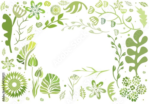 Vector green color frame design made of flowers. Floral card with copy space