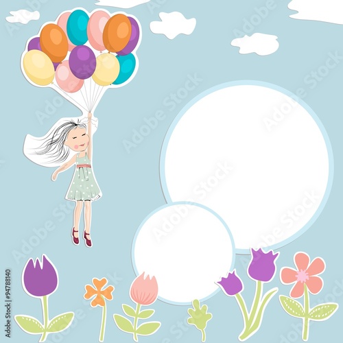 Flying girl with ballons. Birthday party invitation.